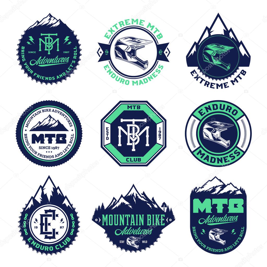Vector mountain biking adventures, parks, clubs logo, badges and icons. Enduro, downhill, cross  country biking illustration