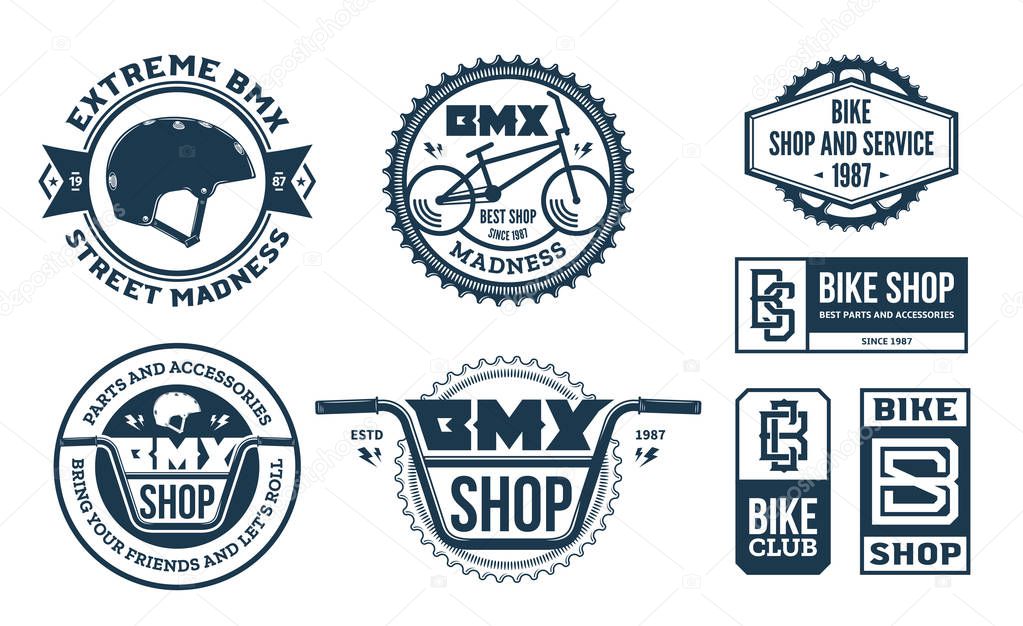 Set of vector bmx bike shop, bicycle part and service logo, badges and icons