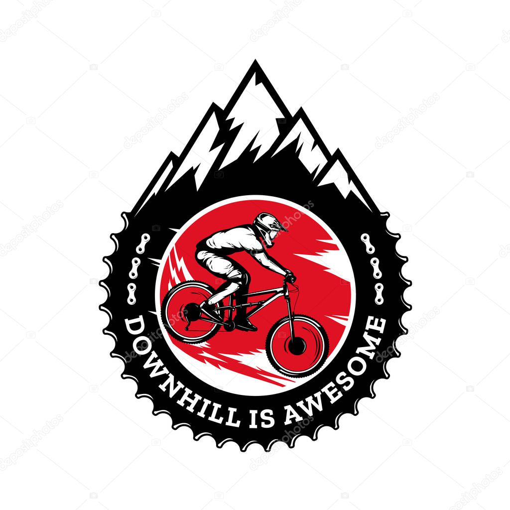 Vector downhill mountain biking badge, logo, label with rider on a bike and mountain silhouette. Downhill, enduro, cross-country biking illustration