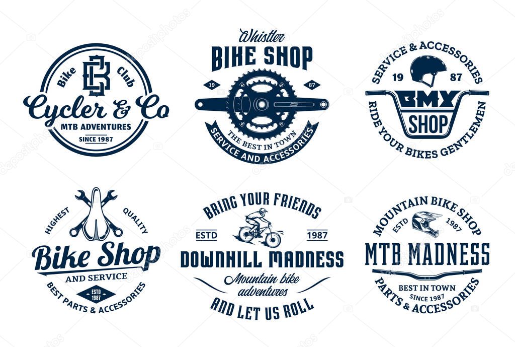 Set of vector bike shop, bicycle service, mountain biking vintage logo, badges and icons
