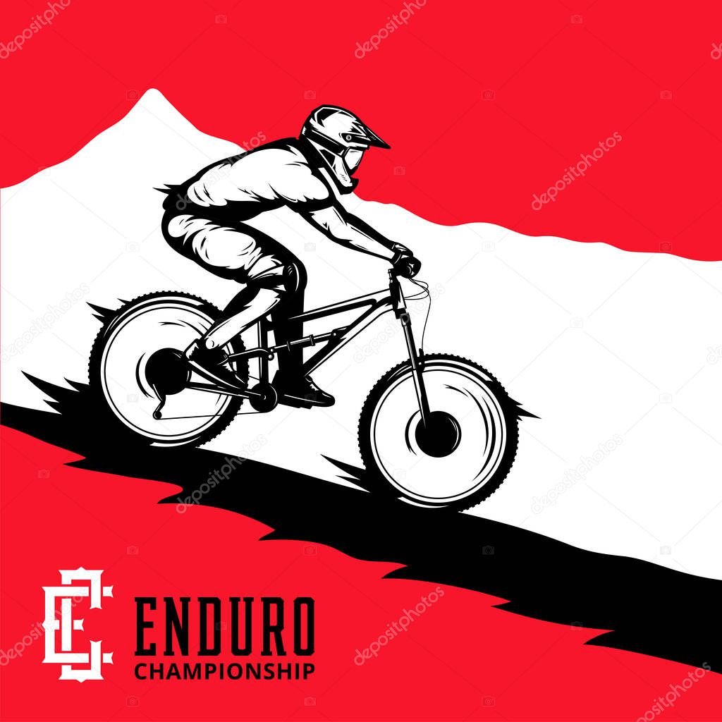 Vector mountain biking illustration with rider on a bike and mountain silhouette. Downhill, enduro, cross-country biking illustration