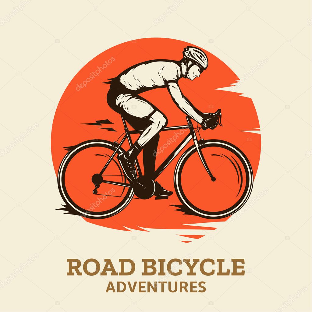 Vector road biking illustration with a rider on a bike in ultimate brown, orange and beige colors