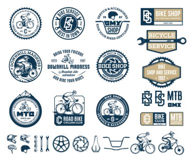 Bike shop, club, service, mountain and road biking badges and de