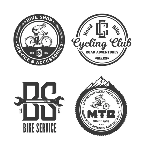 Tienda de bicicletas, club, servicio de bicicletas, insignia de bicicleta de montaña y carretera — Archivo Imágenes Vectoriales