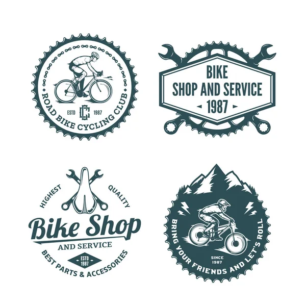 Tienda de bicicletas, club, servicio de bicicletas, insignia de bicicleta de montaña y carretera — Vector de stock