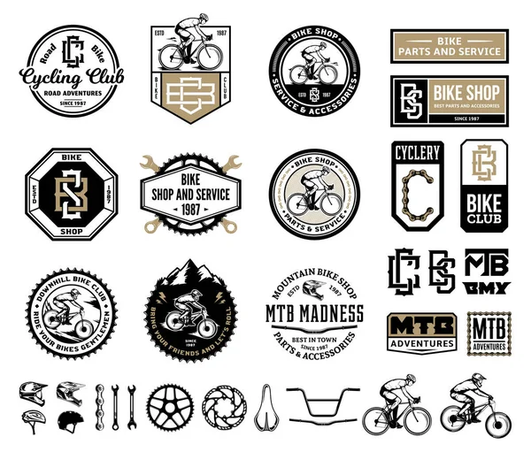 Bike shop, club, service, mountain and road biking badges and de — Stock vektor