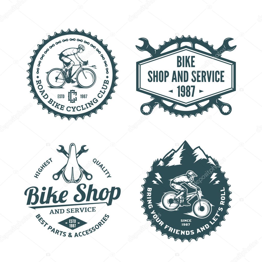 Set of vector blue and white bike shop, bicycle service, mountain and road biking clubs and adventures badges