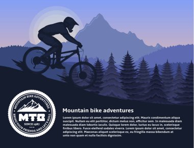 Vector mountain biking illustration with a cyclist, mountains and trees clipart