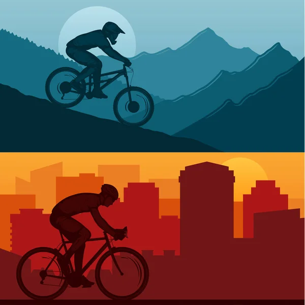 Vektorové Horské Silniční Městské Cyklistické Ilustrace Jezdcem Kole Divoká Příroda — Stockový vektor