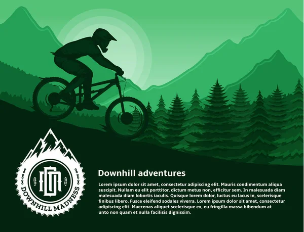 Vector Ciclismo Montaña Ilustración Con Ciclista Montañas Árboles — Archivo Imágenes Vectoriales