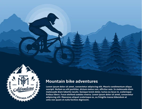 Vector Ciclismo Montaña Ilustración Con Ciclista Montañas Árboles — Archivo Imágenes Vectoriales