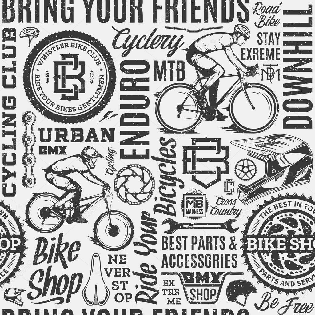 Retro styled vector black and white typographic bicycle seamless pattern or background. Bike shop and club badges, mountain and road biking design elements