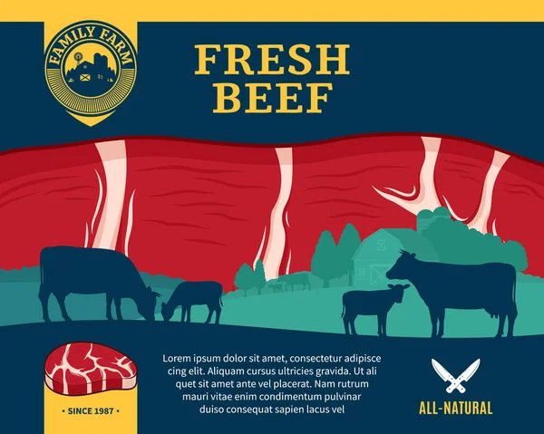 Ilustração Carne Fresca Vetorial Com Paisagem Rural Vacas Bezerros Fazenda — Vetor de Stock