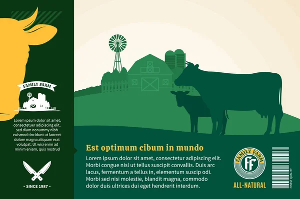 Vector Fresh Beef Packaging Advertising Design Elements Rural Landscape Cow — Stock Vector