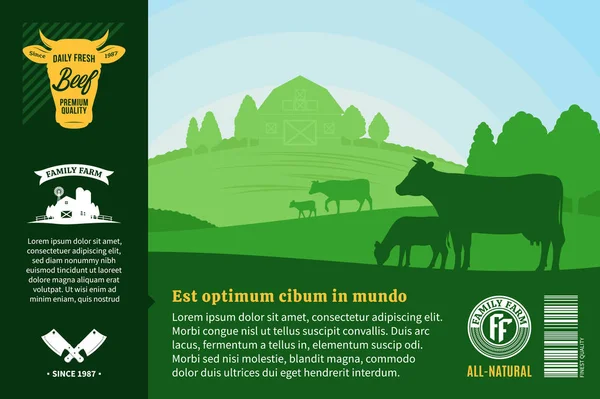 Vector Granja Carne Fresca Ilustración Paisaje Rural Con Vacas Terneros — Archivo Imágenes Vectoriales