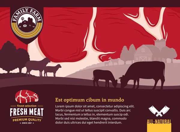 ベクトル新鮮な肉イラスト 牧草地 木と農村風景 肉屋や牛の農業包装や広告デザイン要素 — ストックベクタ