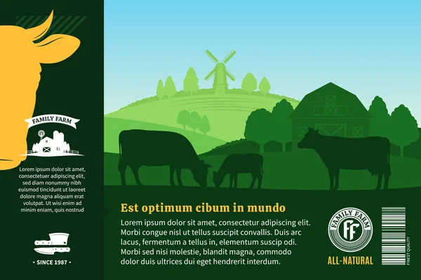 Vector Granja Envasado Carne Fresca Elementos Diseño Publicitario Hermoso Paisaje — Archivo Imágenes Vectoriales