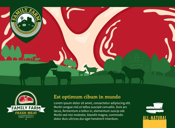Ilustração Carne Fresca Fazenda Paisagem Rural Primavera Com Animais Celeiro — Vetor de Stock