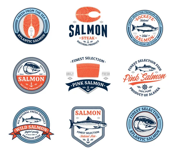 Logo Vettoriale Salmone Sfondo Bianco Illustrazioni Pesci Salmone Bistecche Crude — Vettoriale Stock