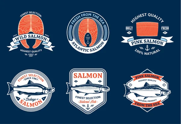 Vector Salmon White Orange Logo Blue Background Atlantic Chinook Sockeye — Stock Vector