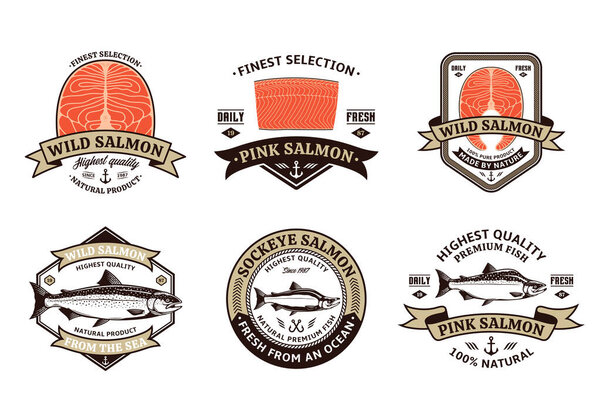 Vector salmon brown and gold logo on a white background. Atlantic, chinook, sockeye and pink salmon fish illustrations, raw steaks and fillet. Seafood labels