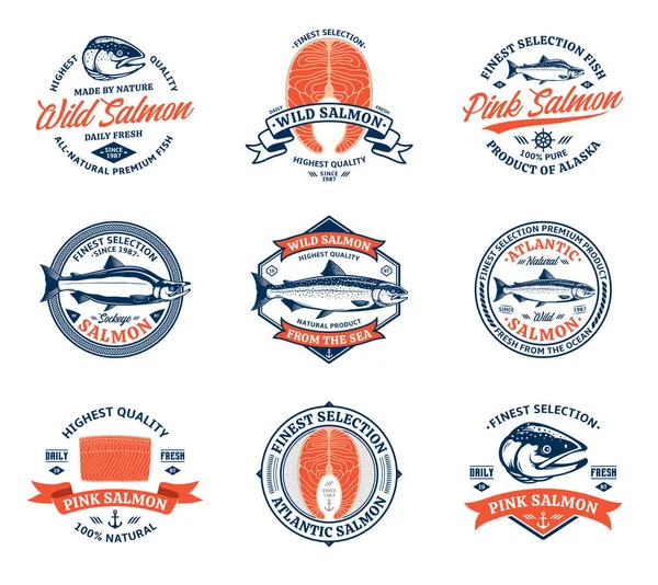 Logotipo Salmão Vetorial Azul Laranja Sobre Fundo Branco Ilustrações Peixes — Vetor de Stock