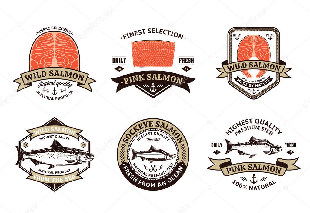 Vector salmon brown and gold logo on a white background. Atlantic, chinook, sockeye and pink salmon fish illustrations, raw steaks and fillet. Seafood labels