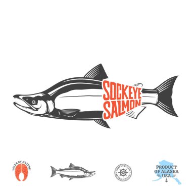 Beyaz arka planda izole edilmiş somon balığı (kırmızı) etiketi. Marketler, balıkçılar, deniz ürünleri ambalajları ve reklamlar için somon balığı ve balık illüstrasyonu