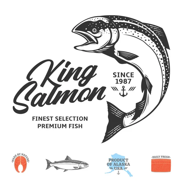 矢量国王鲑鱼标志孤立在一个白色背景 鲑鱼生牛排 鱼片和鱼图解 — 图库矢量图片