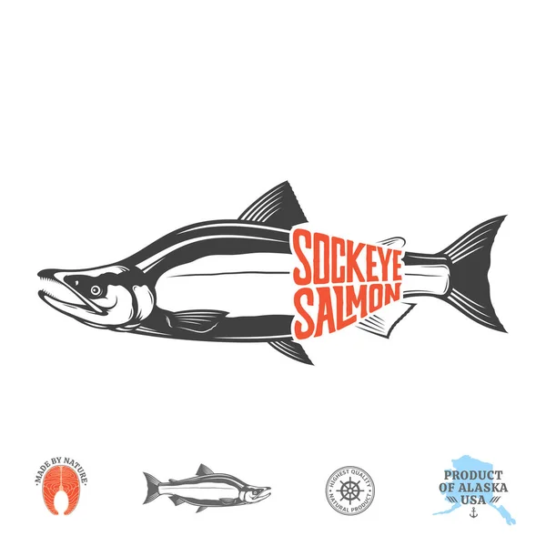 Vector Sockeye Rojo Etiqueta Salmón Aislado Sobre Fondo Blanco Filete — Vector de stock