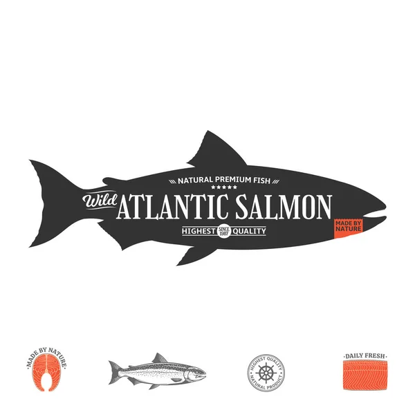 Etiqueta Salmón Atlántico Vectorial Aislada Sobre Fondo Blanco Filete Crudo — Vector de stock