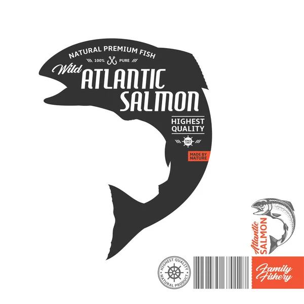 Rótulo Salmão Vector Atlantic Isolado Sobre Fundo Branco Ilustração Peixe — Vetor de Stock