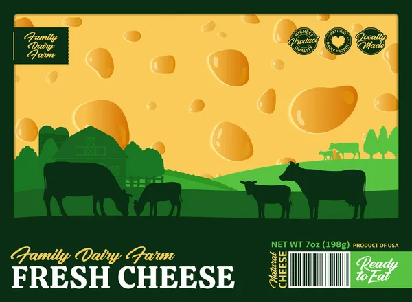 Vector Fresh Cheese Packaging Label Design Rural Landscape Cows Calves — Stock Vector