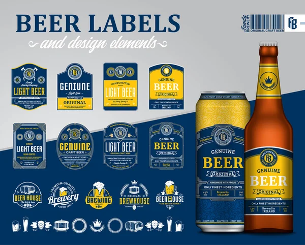 Vector Niebieski Żółty Wysokiej Jakości Etykiety Piwa Realistyczna Szklana Butelka — Wektor stockowy