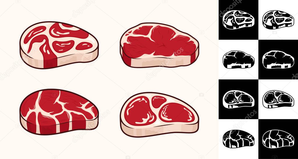 Vector steak icons collection on different backgrounds