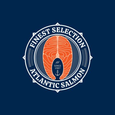 Mavi arka planda Vektör Atlantik somon logosu. Atlantik, chinook, somon ya da pembe somon balığı çiğ biftek çizimleri