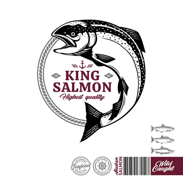 Logo Salmón Rey Alaska Ilustración Atlántica Sockeye Salmón Rosa Etiqueta — Vector de stock