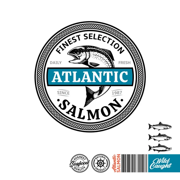 Logo Salmone Atlantico Etichetta Frutti Mare Con Testo Campione Illustrazione — Vettoriale Stock
