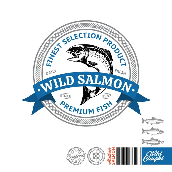 Logo Salmon Vektor Label Makanan Laut Dengan Teks Sampel Atlantik - Stok Vektor