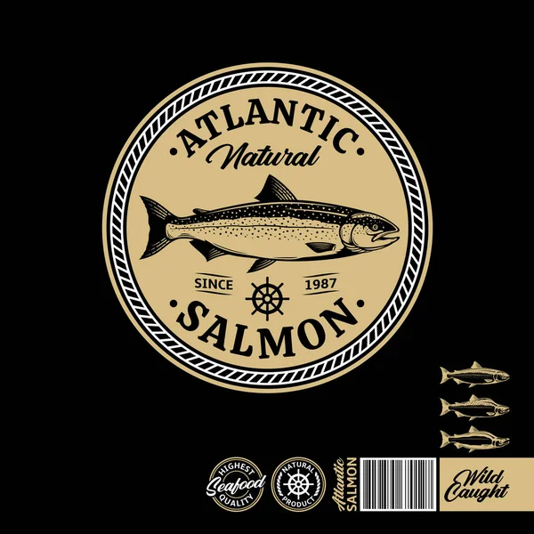 Logotipo Salmão Atlântico Sobre Fundo Preto Rótulo Frutos Mar Com — Vetor de Stock