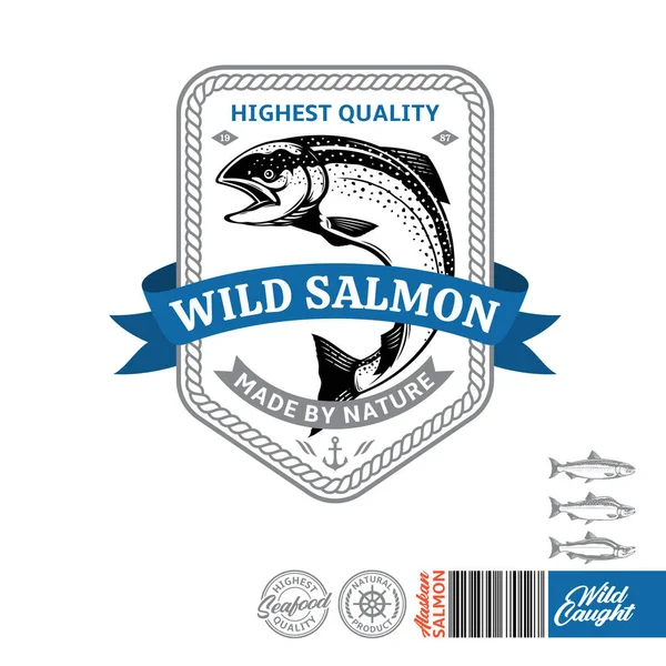 Vektör Vahşi Somon Logosu Yakaladı Atlantik Somon Balığı Pembe Somon — Stok Vektör