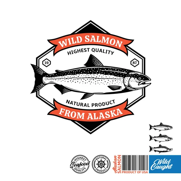 Vector Salvaje Capturado Logo Salmón Alaska Etiqueta Mariscos Con Texto — Vector de stock