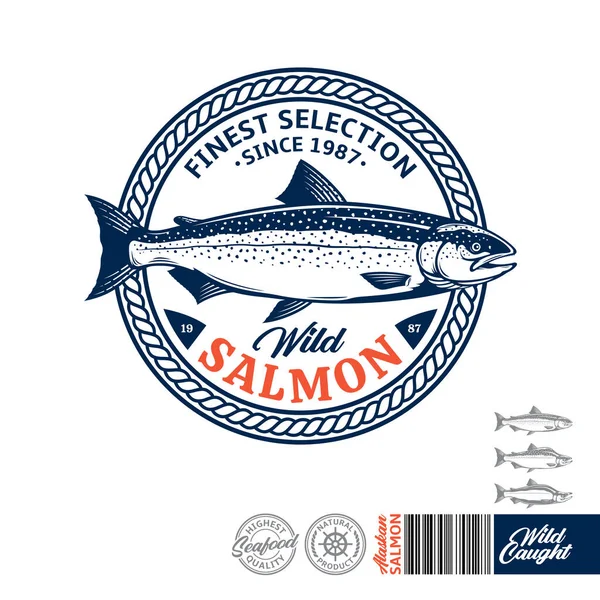 Vettore Wild Catturato Logo Salmone Illustrazione Atlantica Sockeye Salmone Rosa — Vettoriale Stock