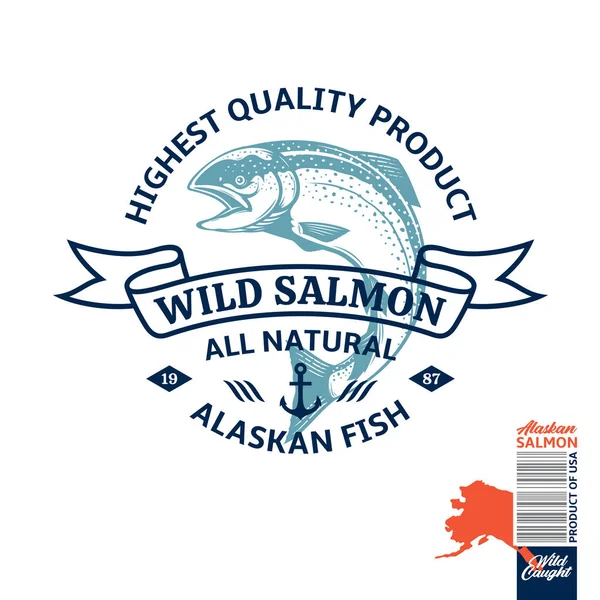 Vecteur Sauvage Capturé Logo Saumon Alaska Étiquette Saumon Avec Exemple — Image vectorielle