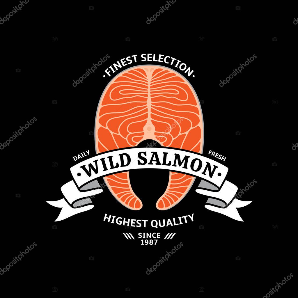 Vector salmon logo with steak and ribbon on a black background. Atlantic, chinook, sockeye or pink salmon raw steak illustrations