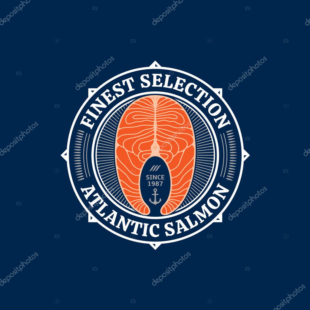 Vector Atlantic salmon logo on a blue background. Atlantic, chinook, sockeye or pink salmon raw steak illustrations