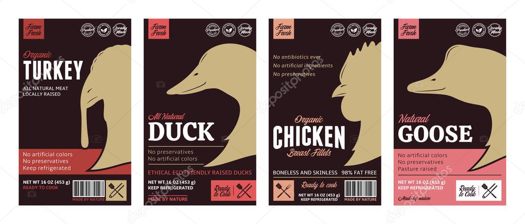 Vector butcher's shop poultry modern style labels. Chicken, duck, turkey and goose icons