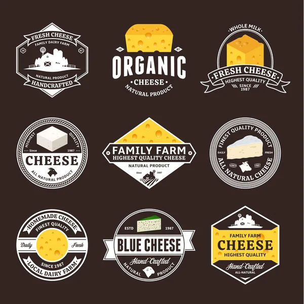 Sada Vektorových Sýrových Odznaků Ikon Hnědém Pozadí Pro Mlékárny Sýrové — Stockový vektor