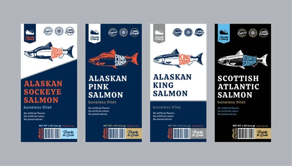Etichette Verticali Salmone Vettoriale Atlantico Chinook Sokeye Rosa Pesci Salmone — Vettoriale Stock