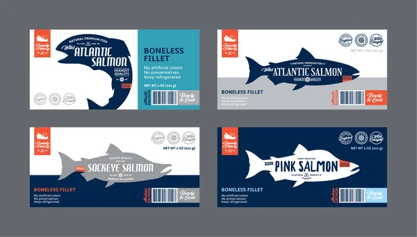 Vector Salmon Horizontal Labels Atlantic Sockeye Pink Salmon Fish Silhouettes — Stock Vector